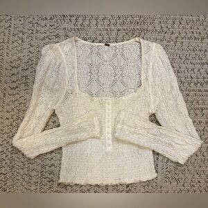 Free People Ivory Lace Knit Top Square Neck